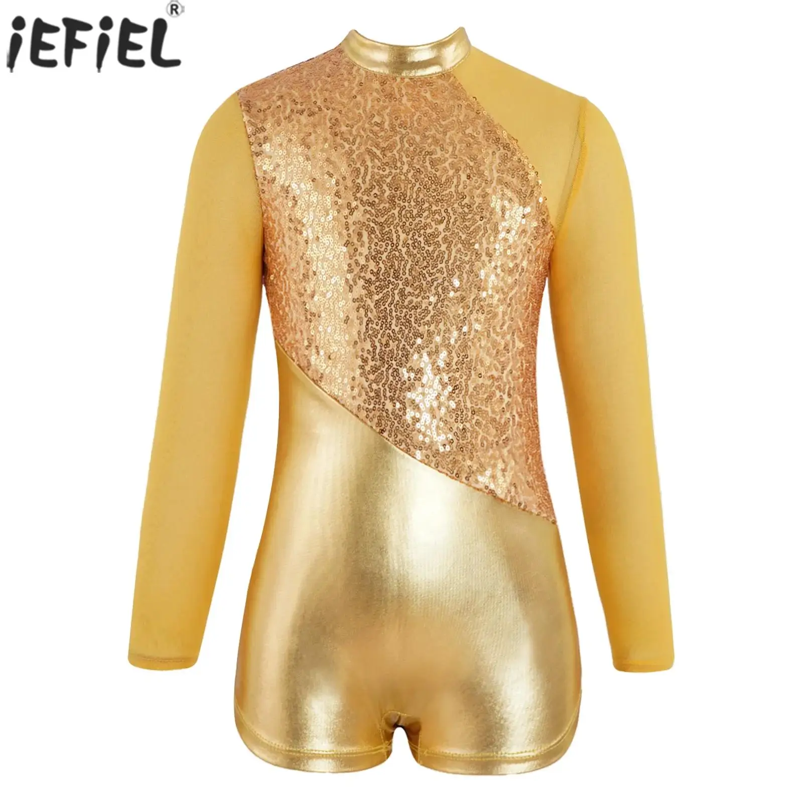 Kids Girls Figure Skating Gymnastics Ballet Dance Leotard Metallic Sequins Long Sleeve Mesh Jumpsuit Stage Performance Dancewear