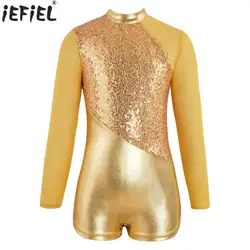 Kids Girls Figure Skating Gymnastics Ballet Dance Leotard Metallic Sequins Long Sleeve Mesh Jumpsuit Stage Performance Dancewear