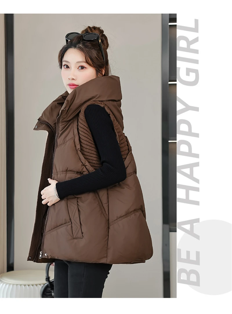 A-word Vest Down Cotton Padded Jackets Short Waistcoat Mid-Length Slim Hooded Autumn Winter Jackets Solid Women's Coats Trend