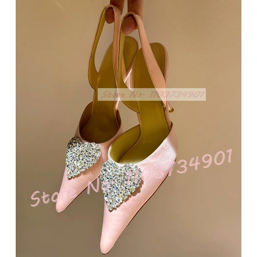 Pink Satin Slingback Sandals With Heart Crystal Women Sparkly Super Pointy Toe High Heels Shoes White Wedding Sheepskin Shoes