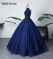 New Fashion Halter Blue Quinceanera Dress Sleeveless Ruched Lace Vestidos De 15 Debutante Gown Bohemia Princess Customized color