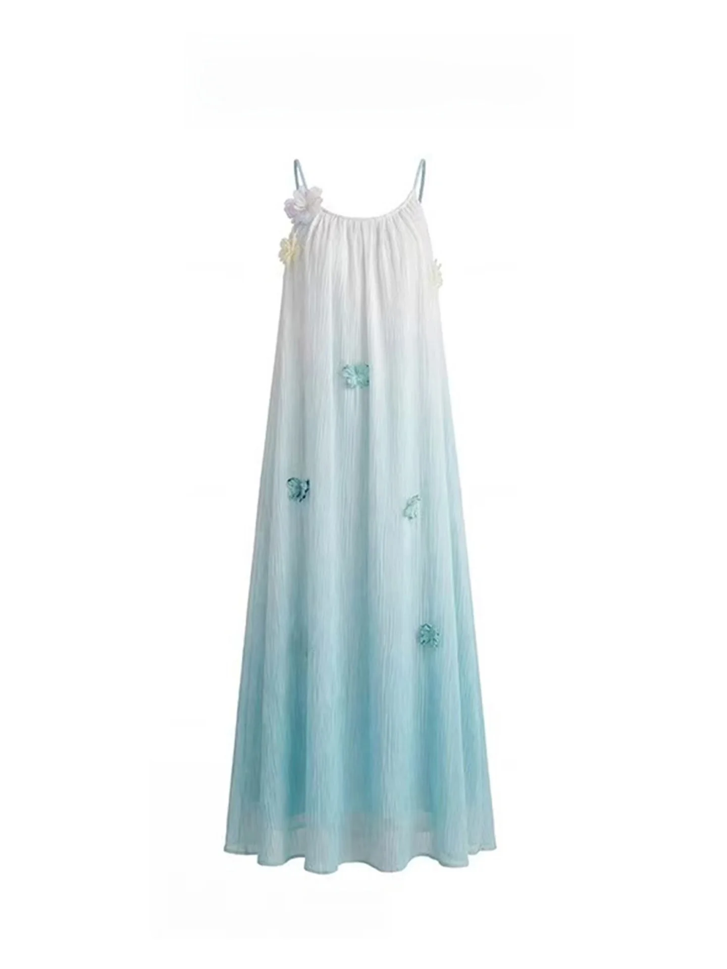 Vestido sin tirantes azul degradado con ondas menta para mujer, estilo casual de verano, suave, para vacaciones en la playa, falda larga con silueta en A