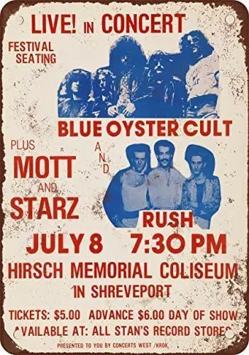 Unoopler 1976 Blue Oyster Cult and Rush in Shreveport Vintage Look Reproduction Metal Tin Sign 8X12 Inches