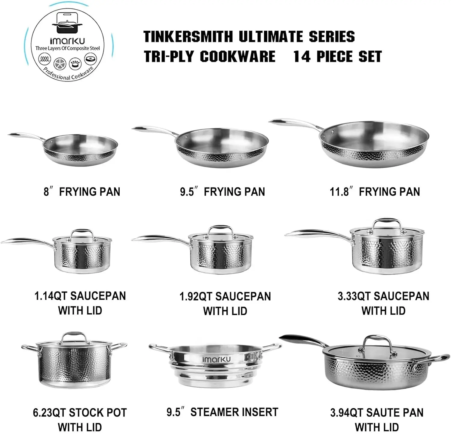 Imarku Pots And Pans Set, 14Pcs Kitchen Cookware Sets Tri-Ply Clad Stainless Steel With Hangered Handle And Lids, Suits Ceramic