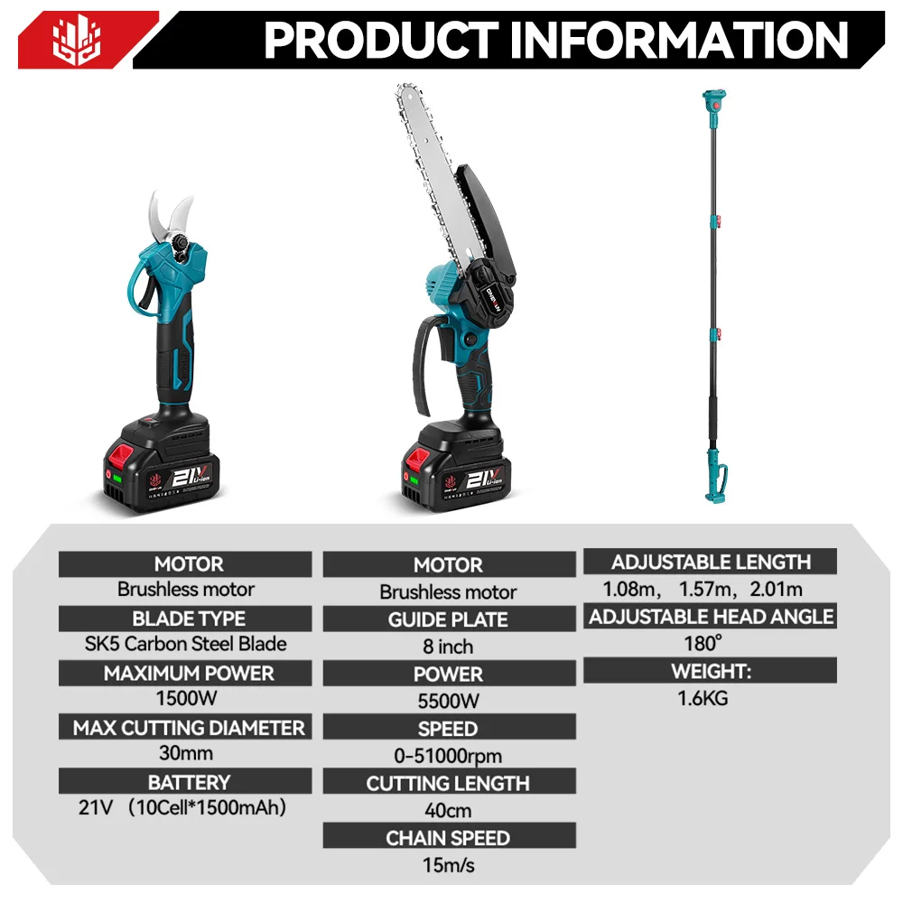 ONEVAN Bürstenloser 4-in-1 8-Zoll Elektrischer Hochastsäge & Astschere Baum-Schneidewerkzeug mit Teleskopstange für Makita 18V Akku – Detail 5