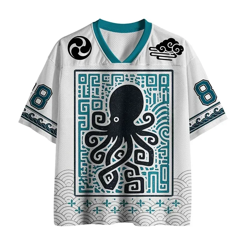 Japanese-Style Octopus Graphic V-Neck Quick-Dry Breathable T-Shirt — Retro Tribal Wave Pattern, Street-Style Casual Top
