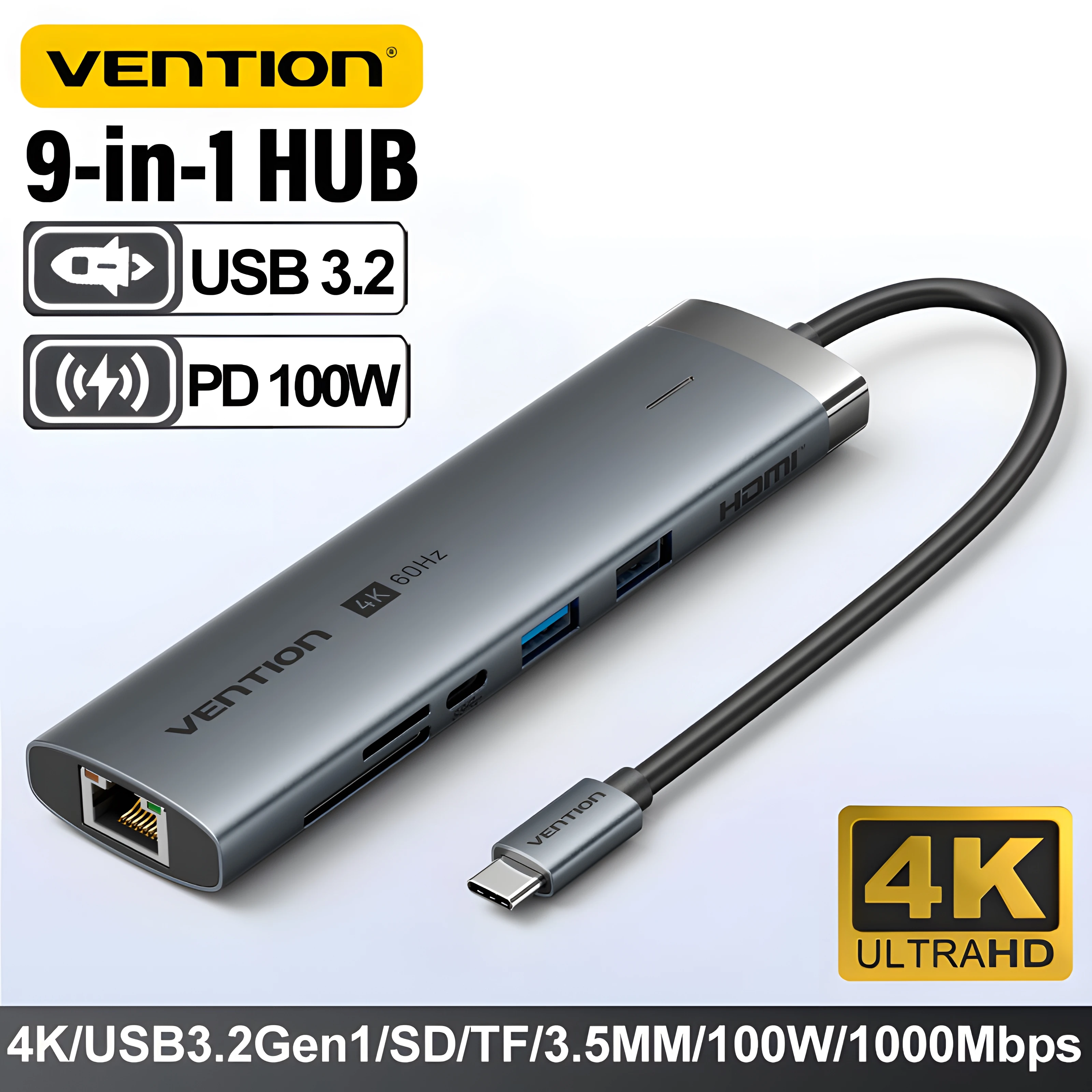 

Vention New USB Hub HDMI 4K 60Hz 9 in 1 PD 100W USB C 3.2 Gen2 Hub 5Gbps Splitter Expansion Adapter for Macbook Air M1 M2 Laptop