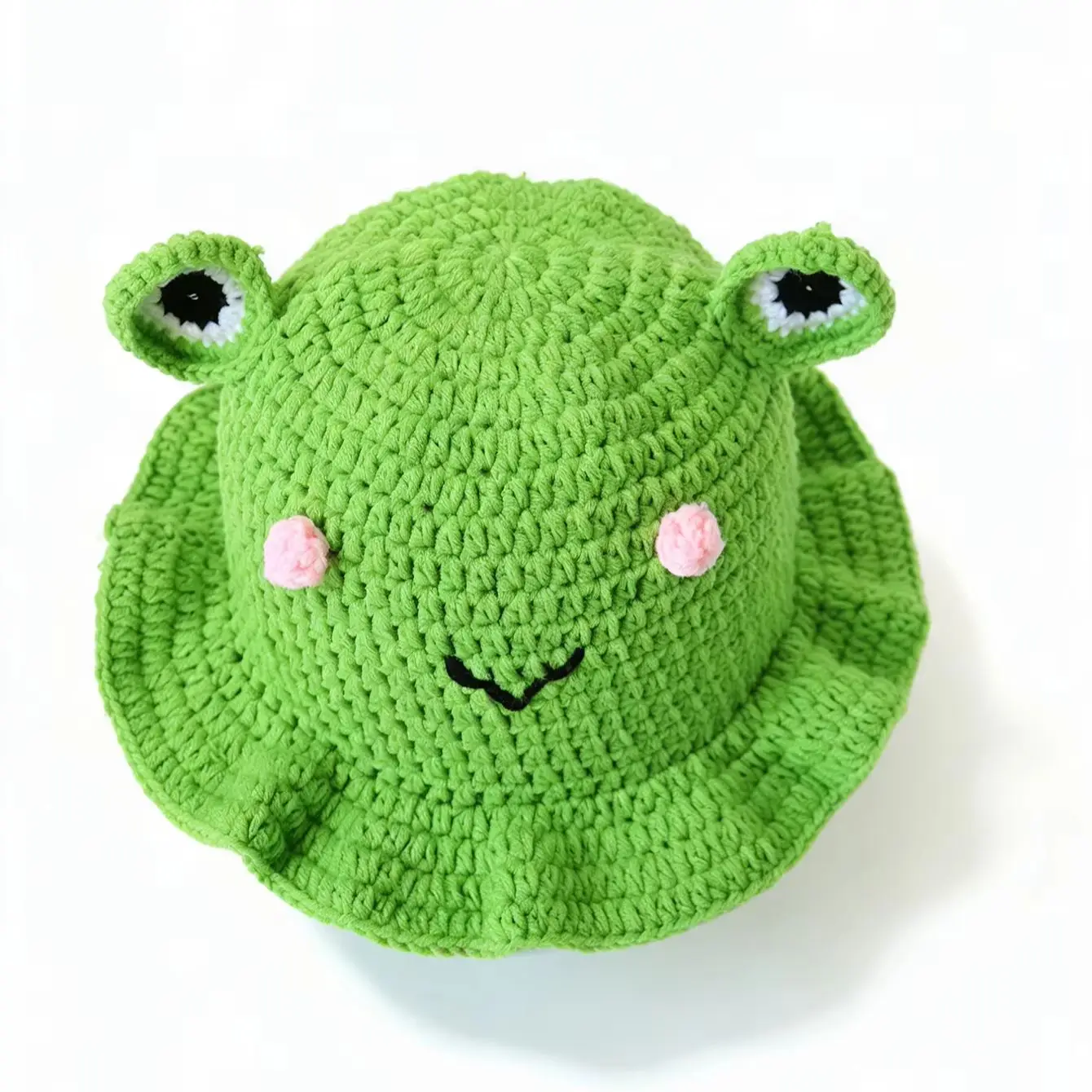 Women Cute Frog Crochet Bucket Hat Handmade Knitted Ruffled Brimcartoon Animal Soft Beanie Cap For Girls Halloween Party Cosplay
