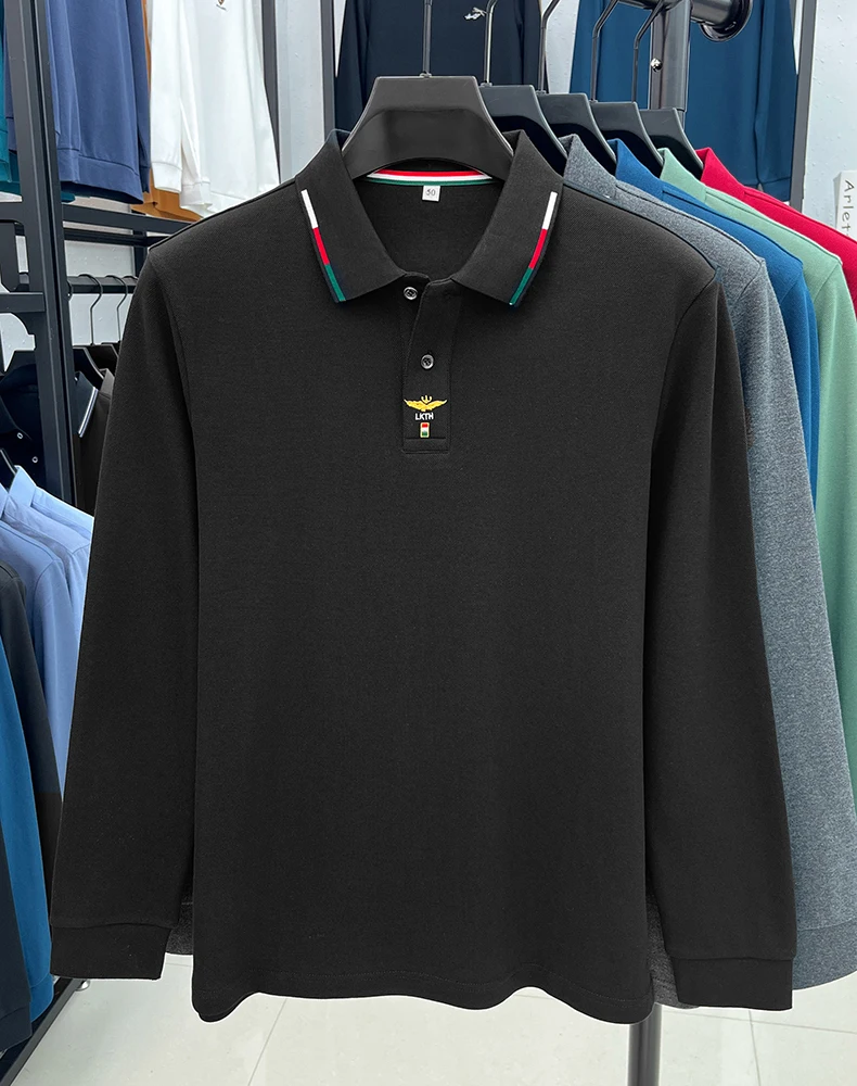 100% pure cotton long sleeved men\'s polo shirt autumn luxury brand custom embroidery design fashionable golf top casual T-shirt