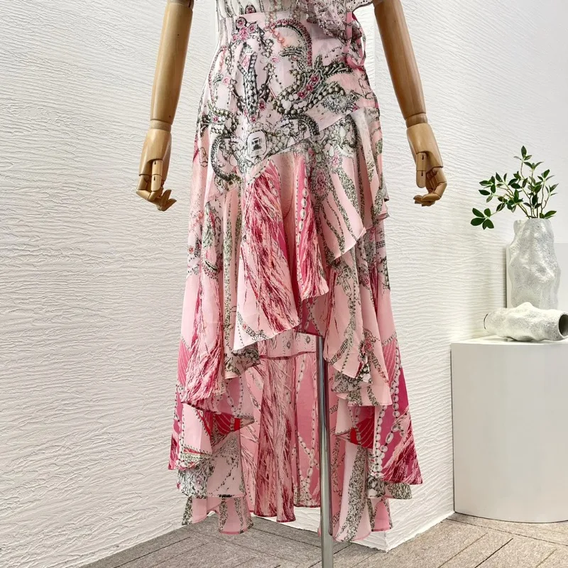 Mini vestido estampado com flores cor de rosa, gola V profunda, manga curta, diamantes, bainha irregular, moda verão, nova chegada, 2024