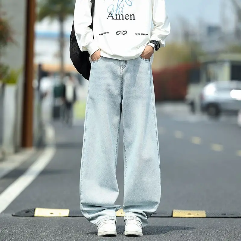 Vintage Washed American Streetwear Denim Jeans Mens Four Season Loose Straight Wide Leg Pants Multiple Colors Available