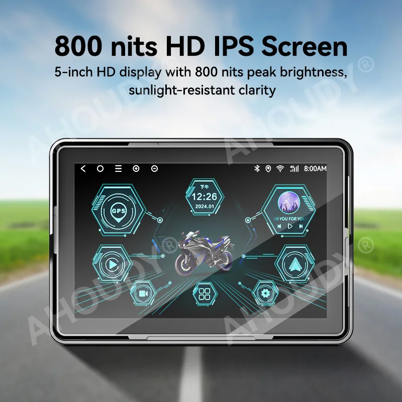 AHOUDY 5'' Motorcycle Navigation Portable Screen Wireless Carplay Android Auto IP67 Bluetooth 5G WIFI Moudle