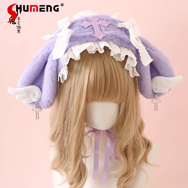 

Lolita Rabbit Ear Hair Band Woman Winter Y2K Asian Culture Disease Cute Plush Angel Wings Headdress Sweet Headdress Fot Women