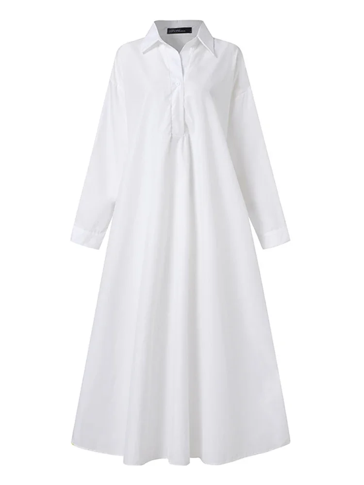 Frauen Kleid Herbst Langarm Hemd Kleid Lose Übergroßen Maxi Kaftan Frau Revers Solide Halb-Taste A-linie Sommerkleid