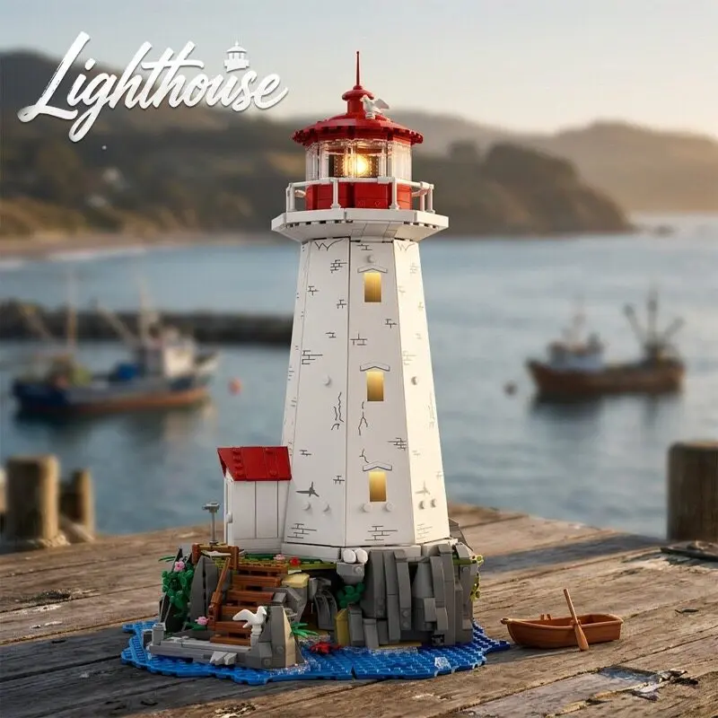 1553PCS Creative Seaside Peggy's Cove Lighthouse Building Blocks With LED Light Architecture Assemble Bricks Toy Gift For Adult