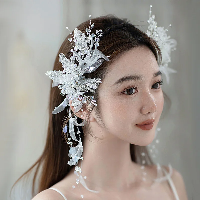 ผ้าโพกศีรษะเจ้าสาวสไตล์เกาหลีเงาพู่กิ๊บติดผม Super Mori สไตล์เส้นด้ายผ้าโพกศีรษะดอกไม้คลิปด้านข้างอุปกรณ์เสริมชุดแต่งงาน