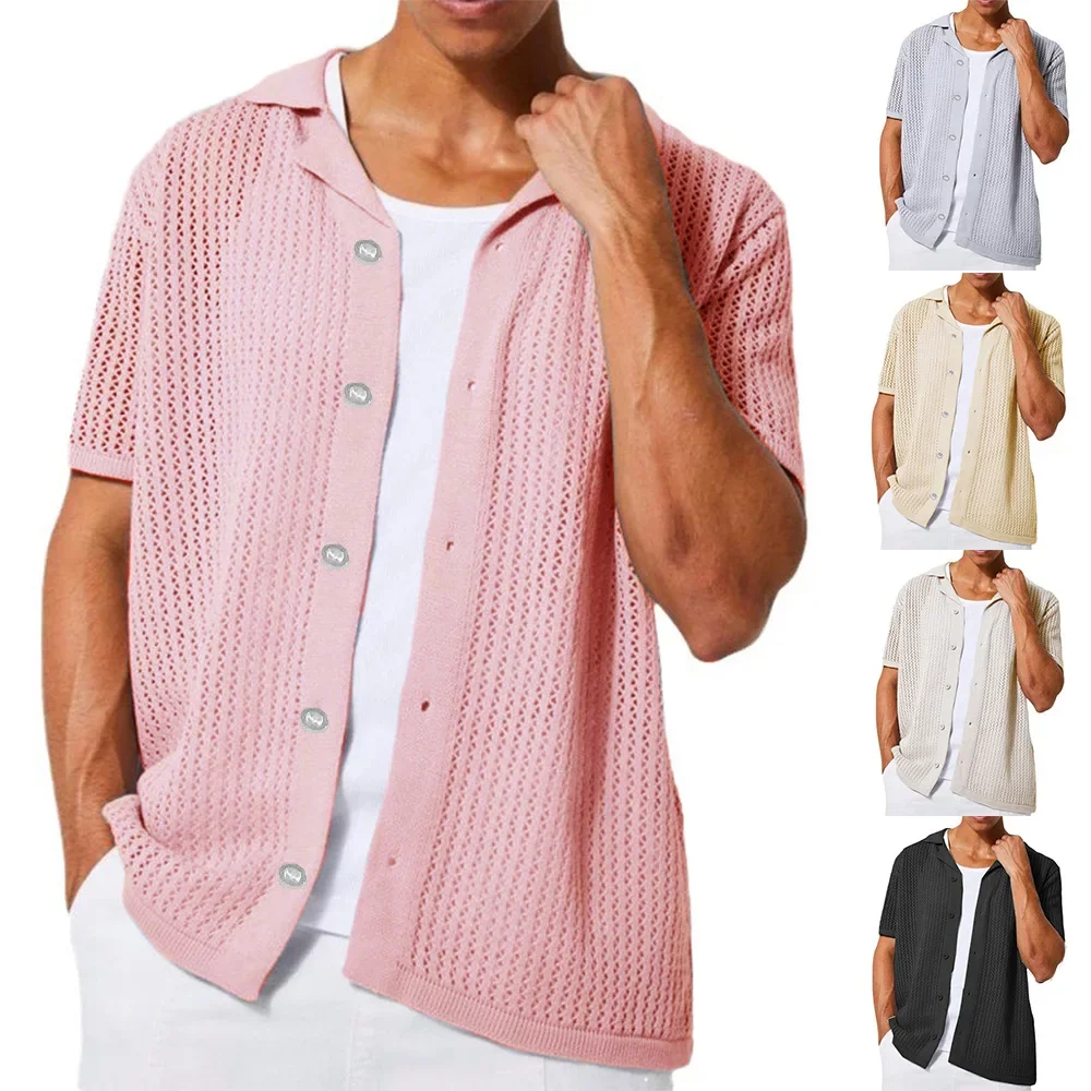 Men's Casual Knitted Shirt Summer New Solid Color Lapel Hollowed Out Breathable Men's Short Sleeved Top