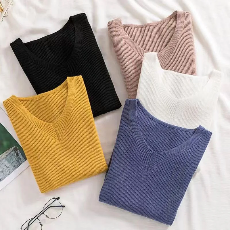 Lucyever 2024 Basic V-Neck Solid Women Sweaters Autumn Winter New Knitted Pullovers Female Slim Long Sleeve Ribbed Sweater Lady