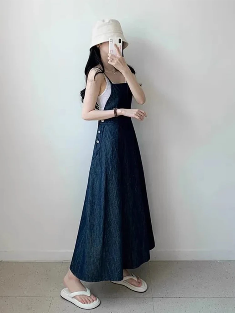 กระโปรงยีนส์ทรงยาวเอวสูงติดกระดุมด้านข้างสไตล์วินเทจชิคสำหรับผู้หญิง แฟชั่นเกาหลี เหมาะสำหรับใส่ไปทำงาน