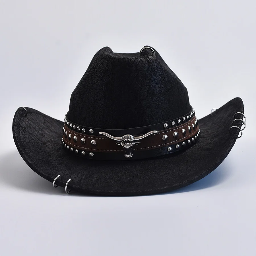 Cow Head Decorate Western Cowboy Hats For Women Men Vintage Wide Brim Gentleman Cowgirl Jazz Hats Sombrero Hombre image 3