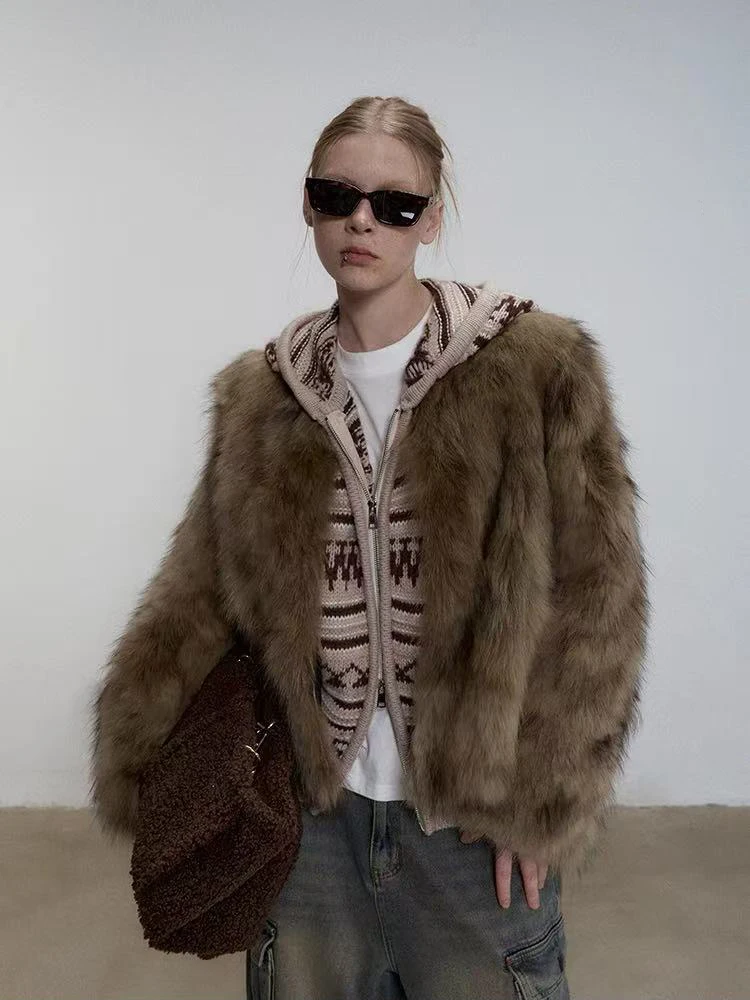 

Зимние пальто из искусственного лисьего меха, женская модная толстая теплая свободная укороченная куртка с волосатым укороченным мехом Y2K, корейская уличная одежда, женская верхняя одежда из пушистого меха, новинка