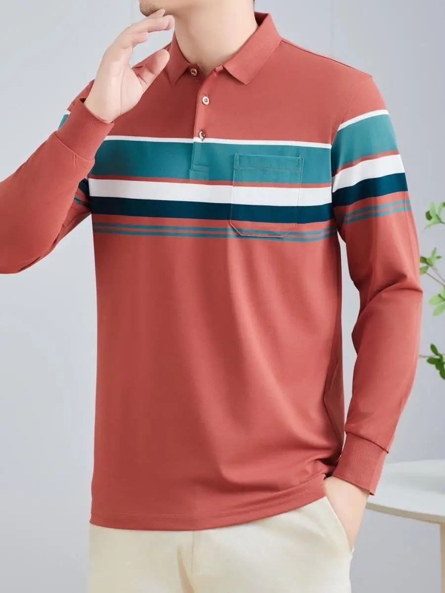 

Мужская полосатая футболка свободного кроя с длинным рукавом, в деловом стиле, для мужчин среднего и старшего возраста, подходит для весенне-осеннего сезона