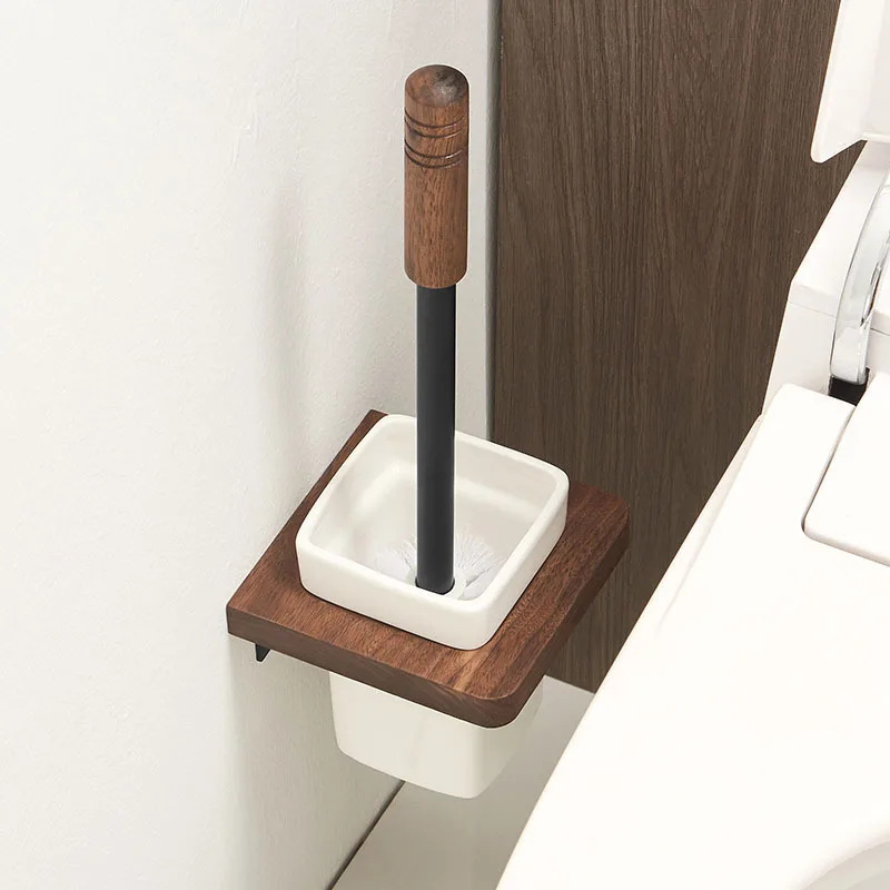 

Wall-mounted Toilet Brush Holder Ceramic Base Solid Wood Holder Toilet Brush Set Bathroom Accessories