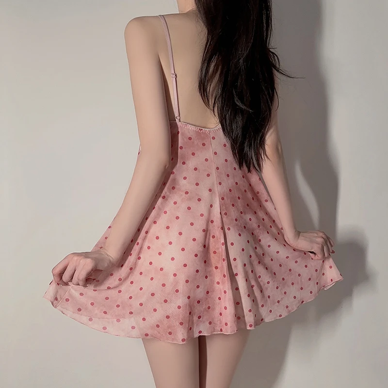 Malha translúcida rosa bolinhas doce lingerie quente sexy feminino vestido de noite mulher sleepwear camisola de renda babydoll casal