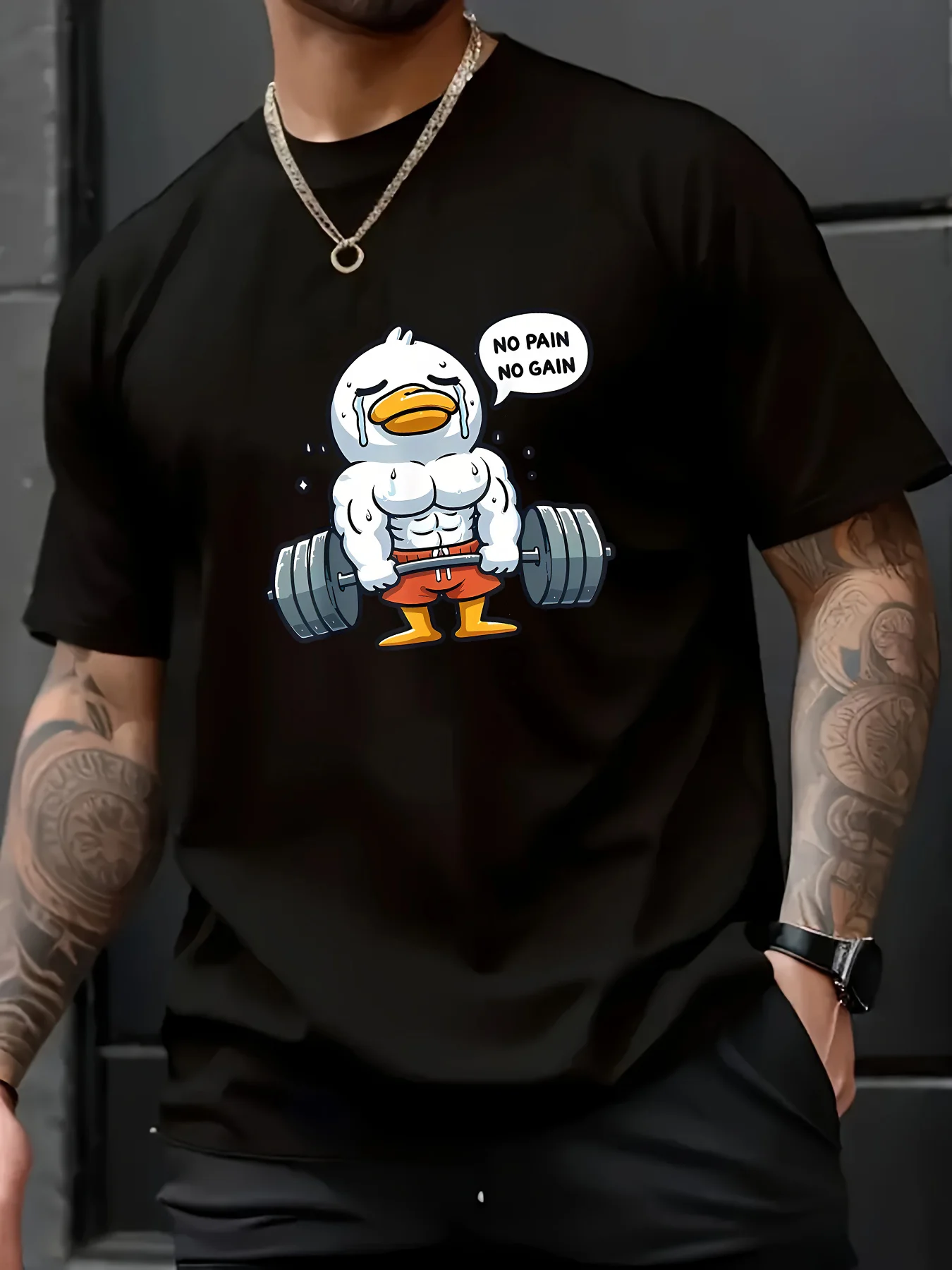 Funny Gym Duck Graphic Tee with Muscular Lifting Duck and No Pain No Gain Quote 100% Cotton Men's T-shirt Summer Casual Wear