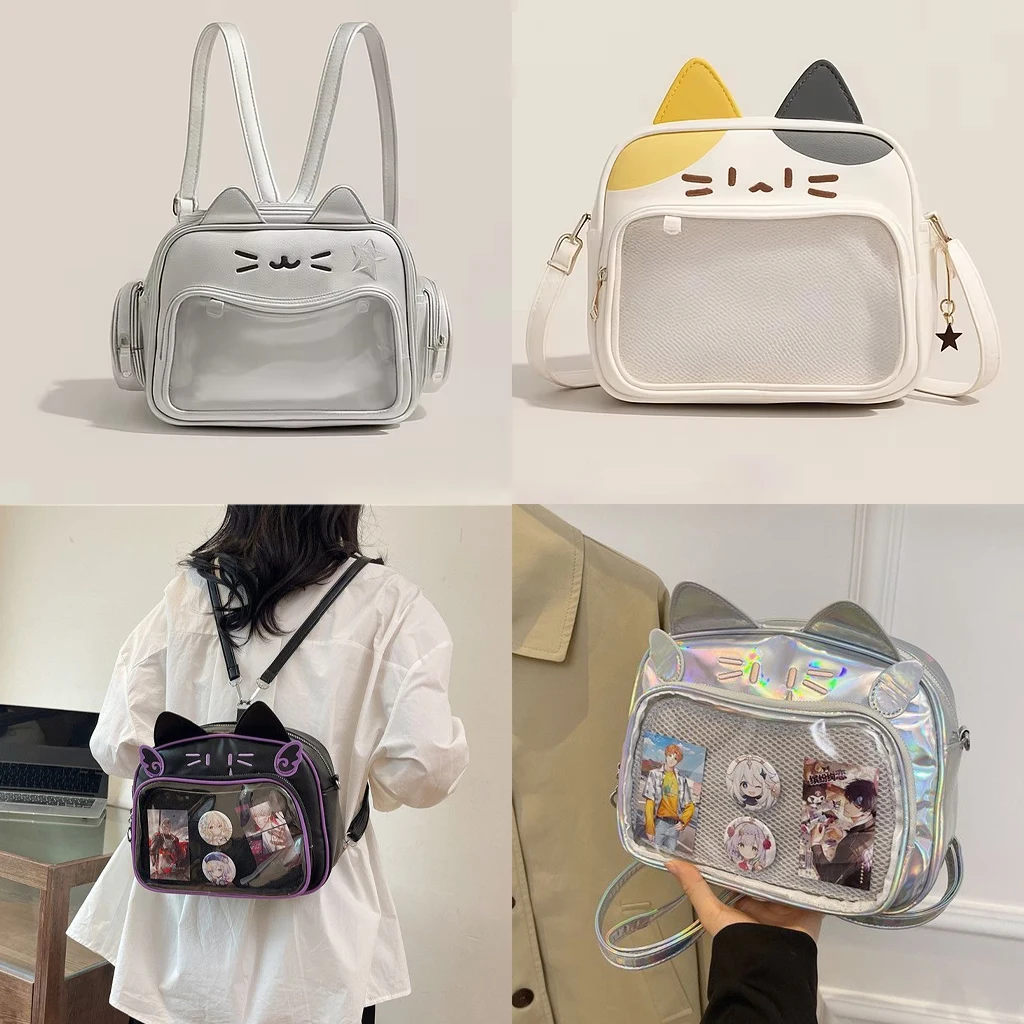 Y2K Kawaii Cat Itabag for Women Korean Fashion PU Transparent Pocket Shoulder Crossbody Backpacks Item Bag Travel Bag Anime Fans