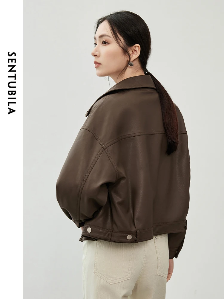 SENTUBILA Braune Pu-Kunstlederjacken für Damen, 2025, Herbst, Streetwear, langärmelig, kurze Ledermäntel, Bürodame W43G56293