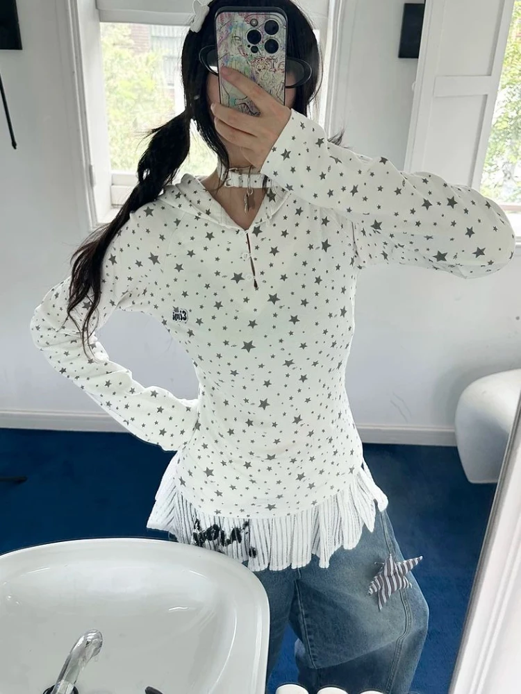

HOUZHOU женские футболки с капюшоном и принтом белой звезды Y2k, милые японские модные футболки с длинными рукавами, эстетические тонкие крылья в стиле пэчворк Gyaru