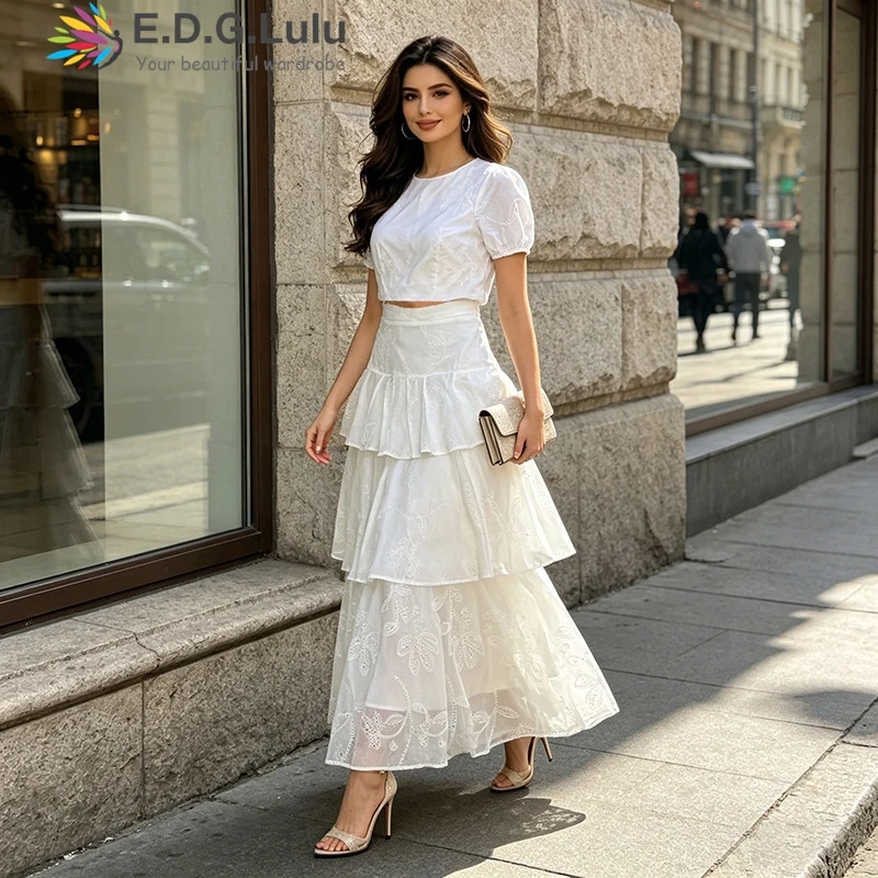 EDGLuLu Round Neck Short Sleeved Top+High Waist Long Skirt Mesh Embroidery White Outfits For Woman 2 Piece Set 0523