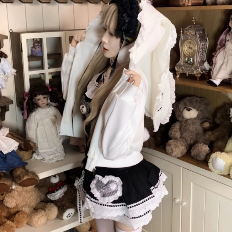 Subculture Y2K Rabbit Ear Short White Cardigan Jackets Slim Fit  Halter Short Sleeve T-Shirt Cake Half Skirt Set Womens Outfits