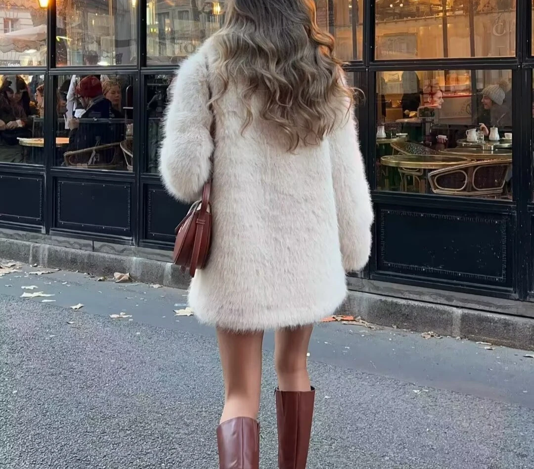 معطف صوف طويل مع بطانة من الفرو وياقة واسعة معطف فرو قصير عصري مع الانتفاخ