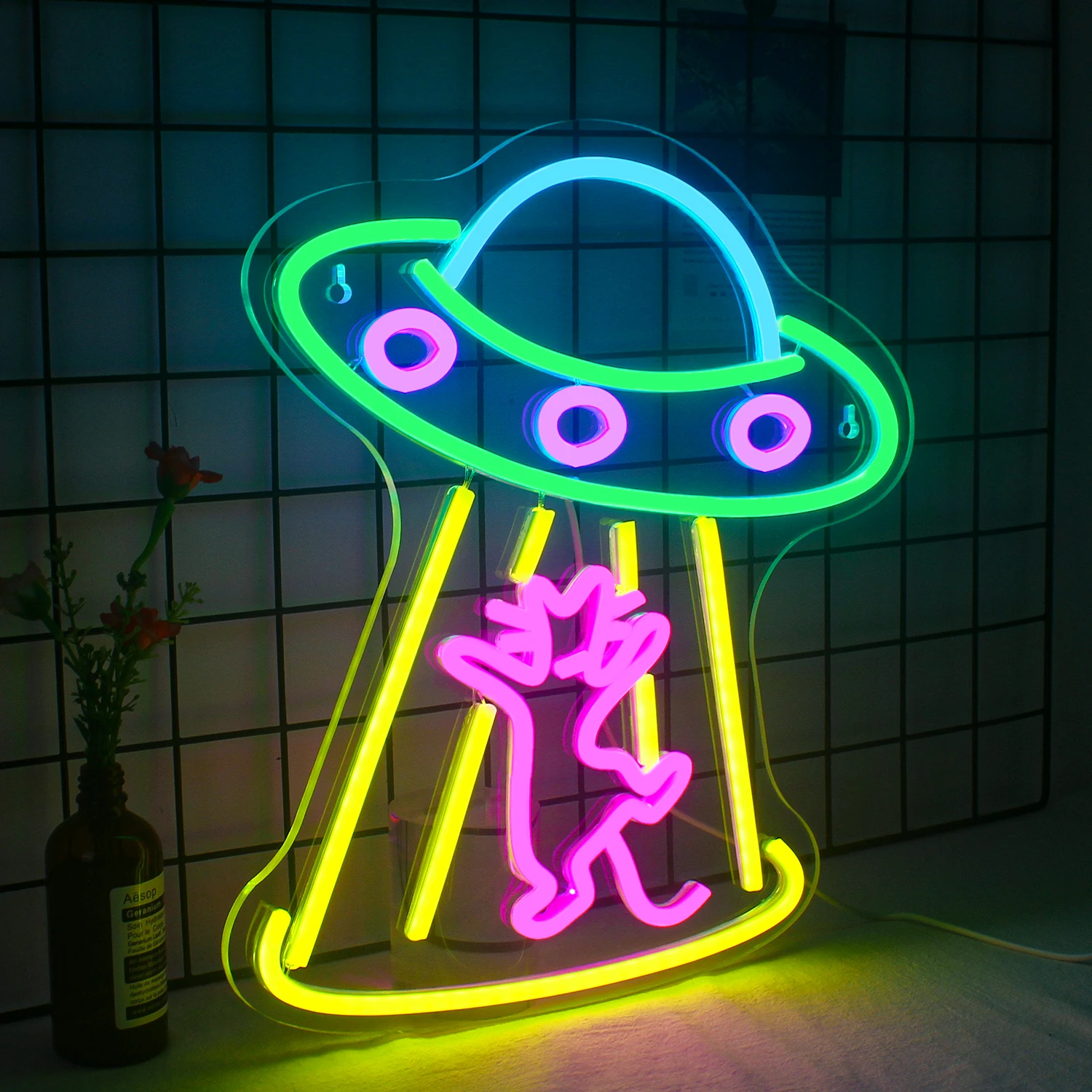 Spaceship LED Dimmable Neon Sign Space Neon Signs for Wall Decor Cat Neon for Bedroom Kids Space Game Room Neon Wall Sign Decor