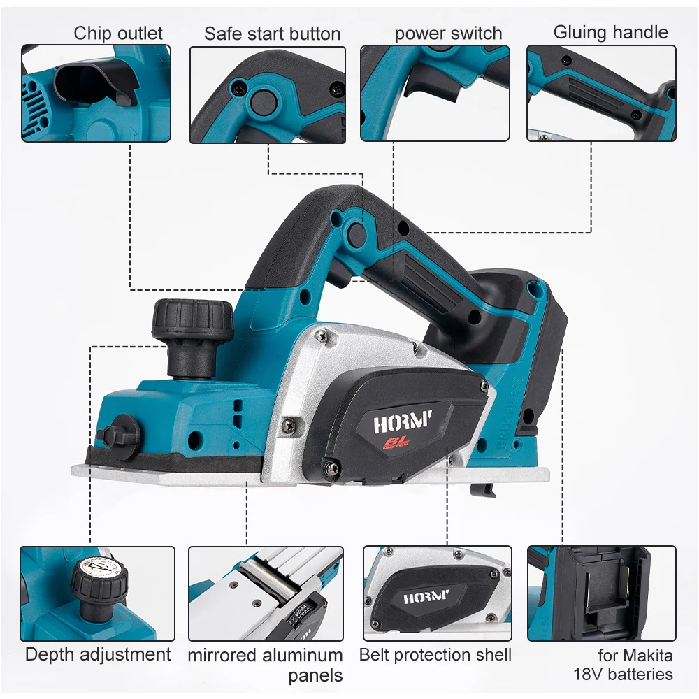 Brushless Cordless Electric Planer 15000RPM Electric Hand Planer Home DIY Furniture Wood Cutting Tool for Makita 18V Battery