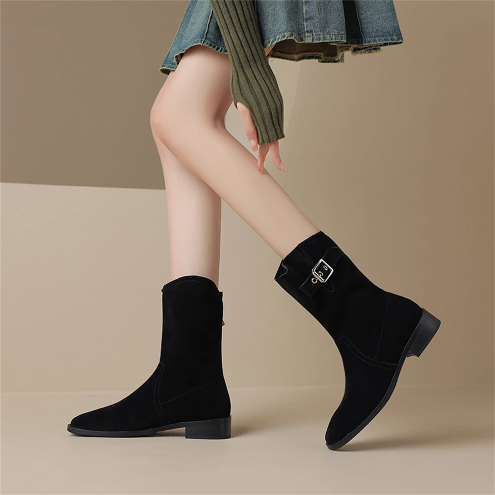 FEDONAS New Mid Calf Boots Women Cow Suede Western Boots Autumn Winter Half Boots Ladies Retro Belt Buckles Shoes Woman Boots