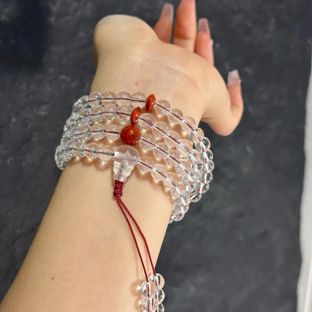 8mm Natural Clear Quartz Nanhong Agate 108 Beads Chain Necklace for Women Clavicle Fashion Healing Jewelry Gift - 1 Piece