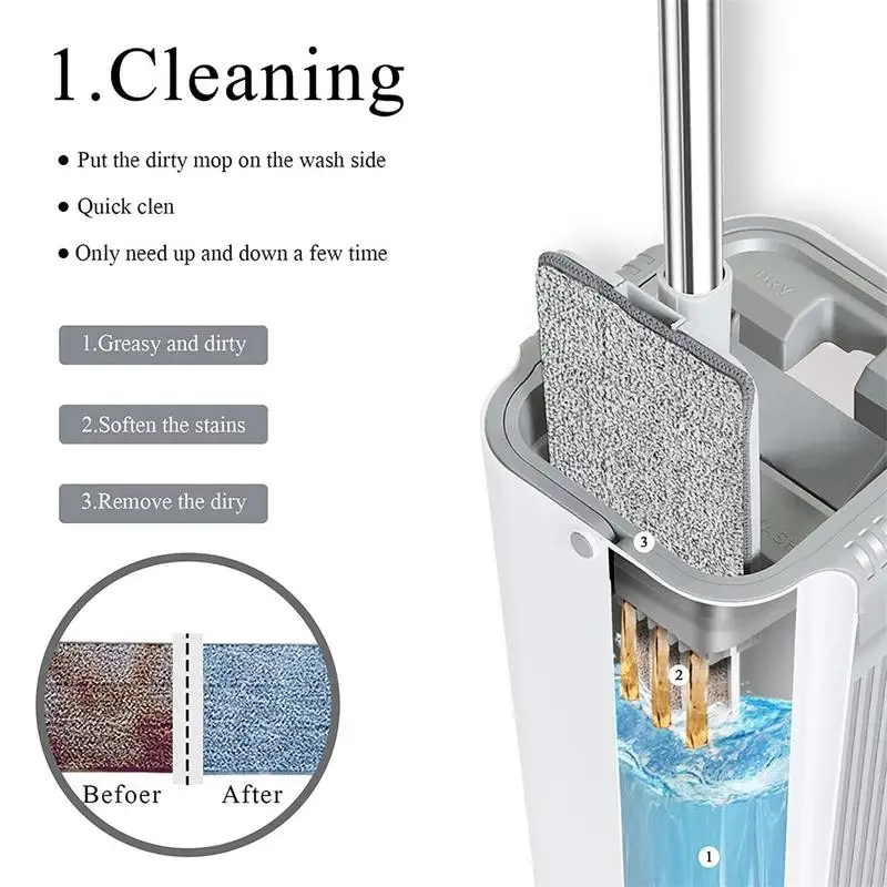 

Flat Squeeze Mop with Bucket Hand Free Wringings Floor Cleaning Mop Microfiber Mop Pads Wet or Dry Usage Cleaning Tools