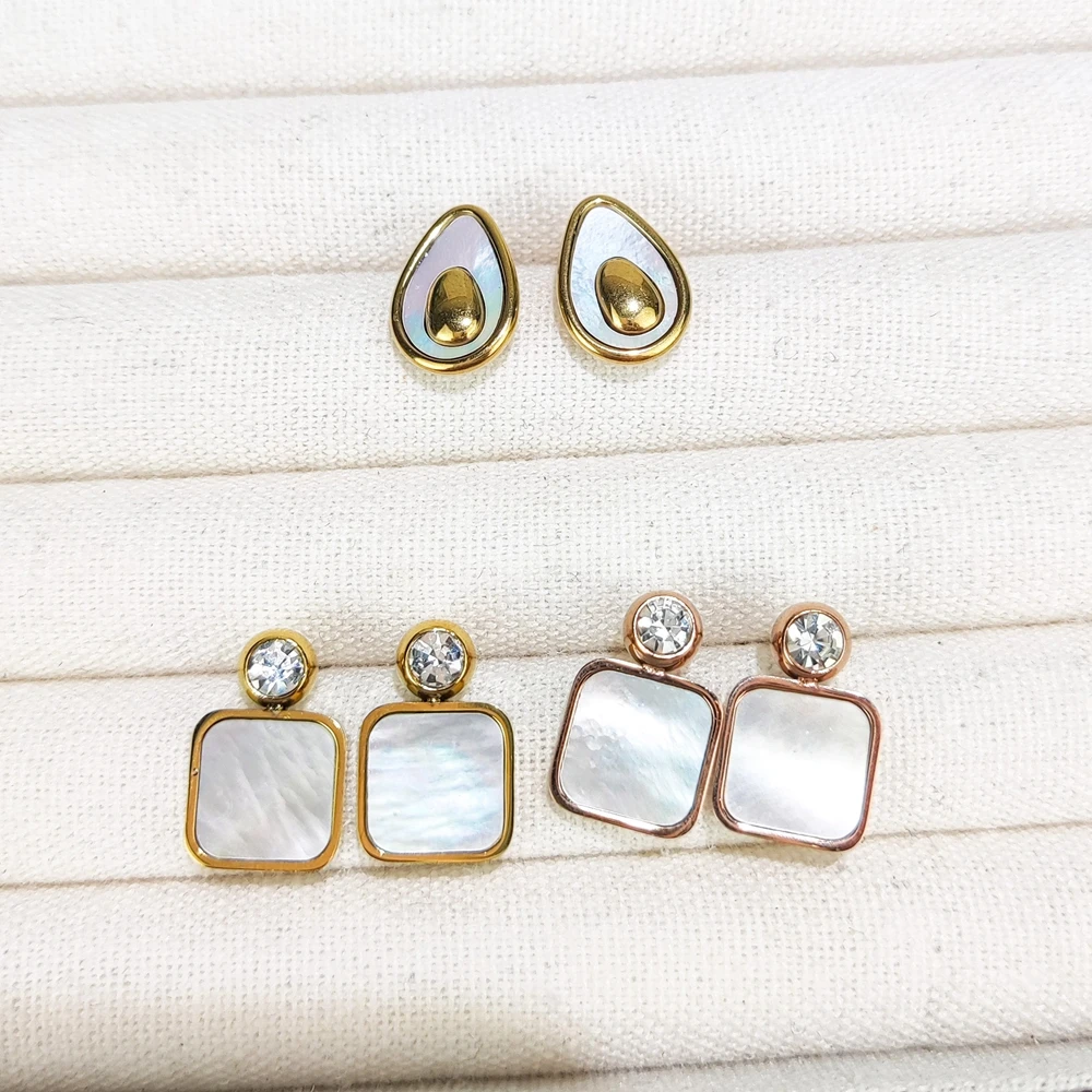 New Fashion Stainless Steel Jewelry Zircon Embed Seashell square Earring  Gold Plated Avocado Fruit Studs Charm Cute Gift