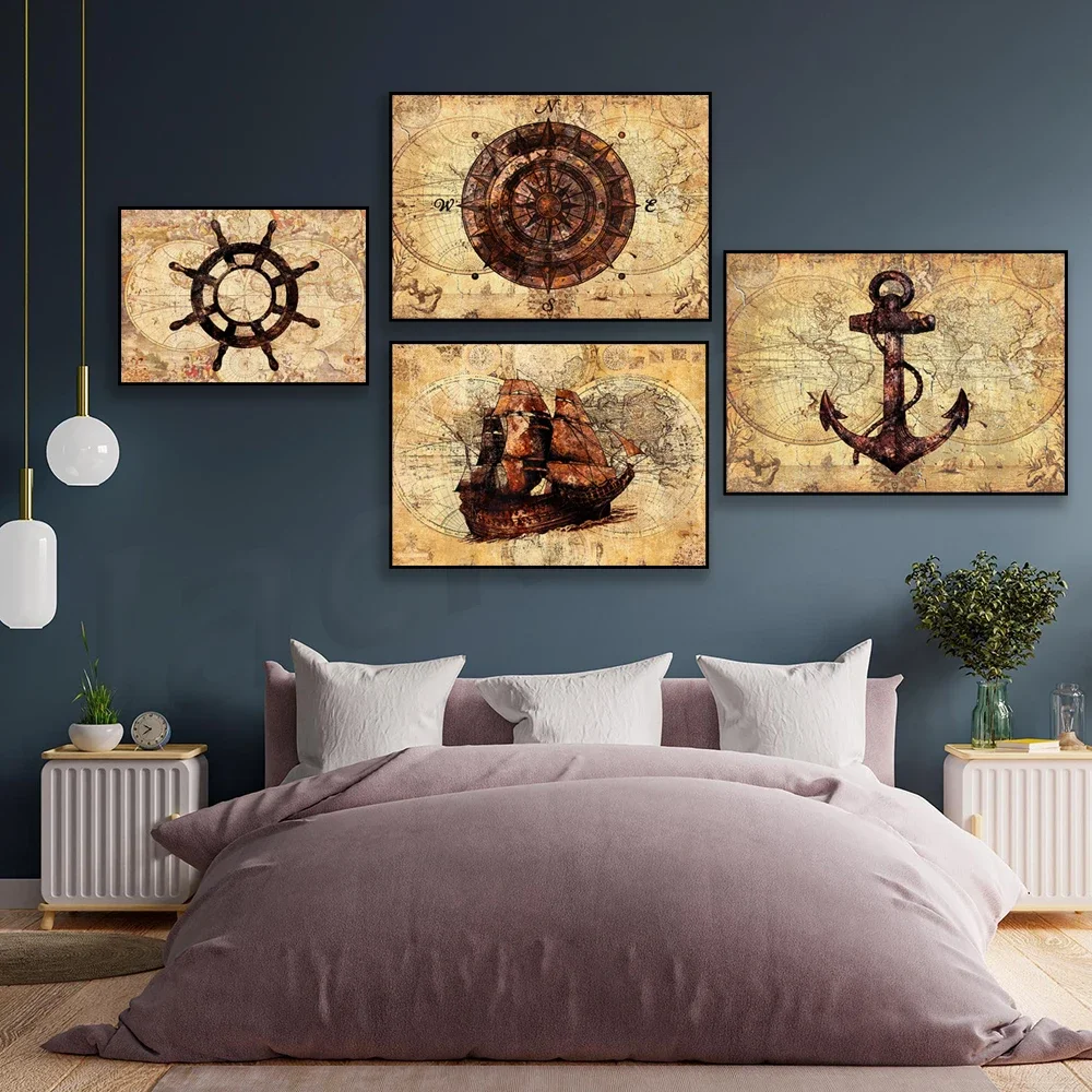 Anchor Nautical,Compass Nautical,Wheel Nautical Vintage Map Canvas Print Beach Office Home Decor Wall Art Gift Ideas