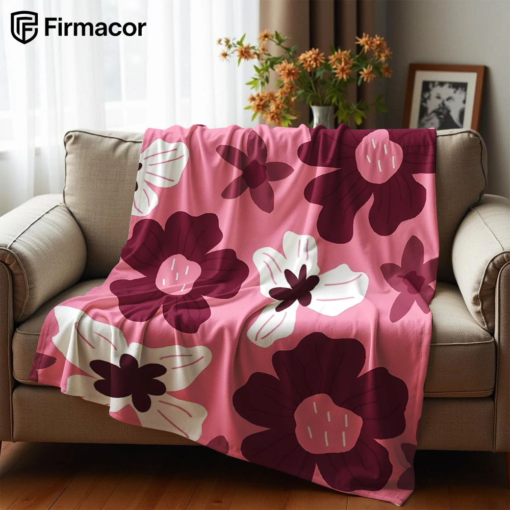 Pink Base Maroon Sketch Floral Cartoon Anime Print Flannel Blanket Soft Warm Throw for Kids Bedroom Sofa Christmas Office Car