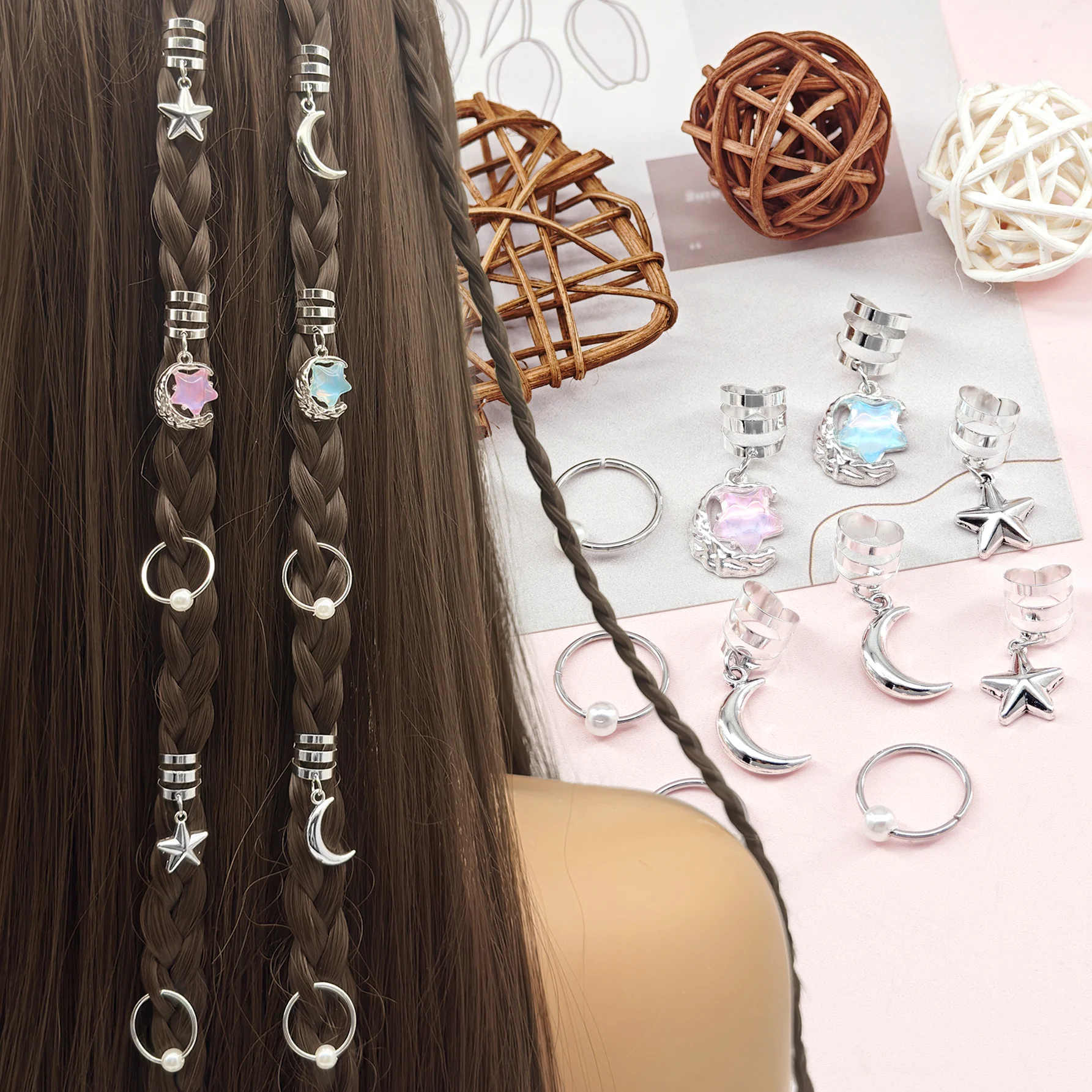 10 Uds. De puños para el pelo de estrella y Luna plateada, anillo trenzado con bonito colgante de perla de Luna y estrella rosa y azul, decoración para coletas Locs para mujer