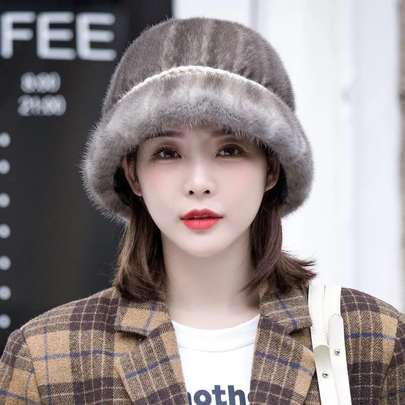 

Fur hats fashionable and elegant women's basin small leather top adult
