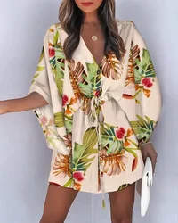 Letnia plaża Mini sukienki damskie Boho na co dziń z nadrukiem koronki z wiązaniem, zapinana na guziki rękaw w kształcie skrzydła nietoperza sukienki kobiece Sexy V Neck Party Dress Vestidos