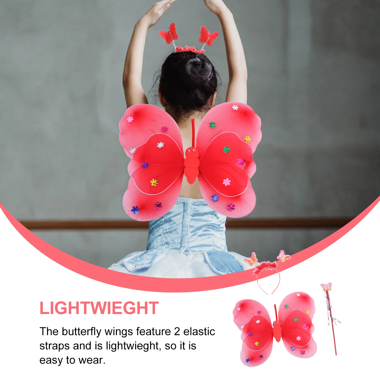 3 pièces LED éclairer ailes de fée rouge Double couche bretelles élastiques bandeau baguette ensemble filles Costume fête habiller ensemble de fée