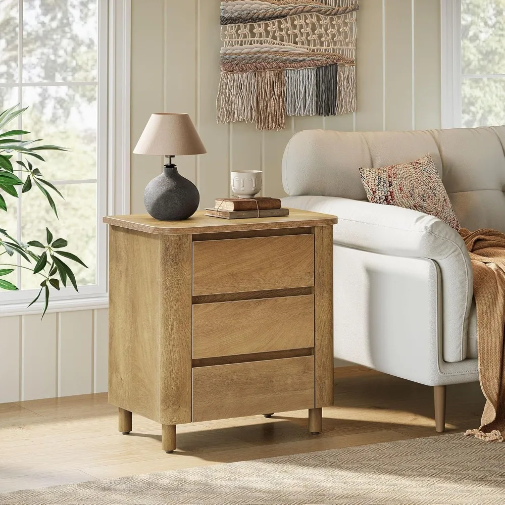 Meja Samping dengan 3 Laci untuk Ruang Tamu, Meja Ujung Sofa Gaya Farmhouse, Cokelat Rustik