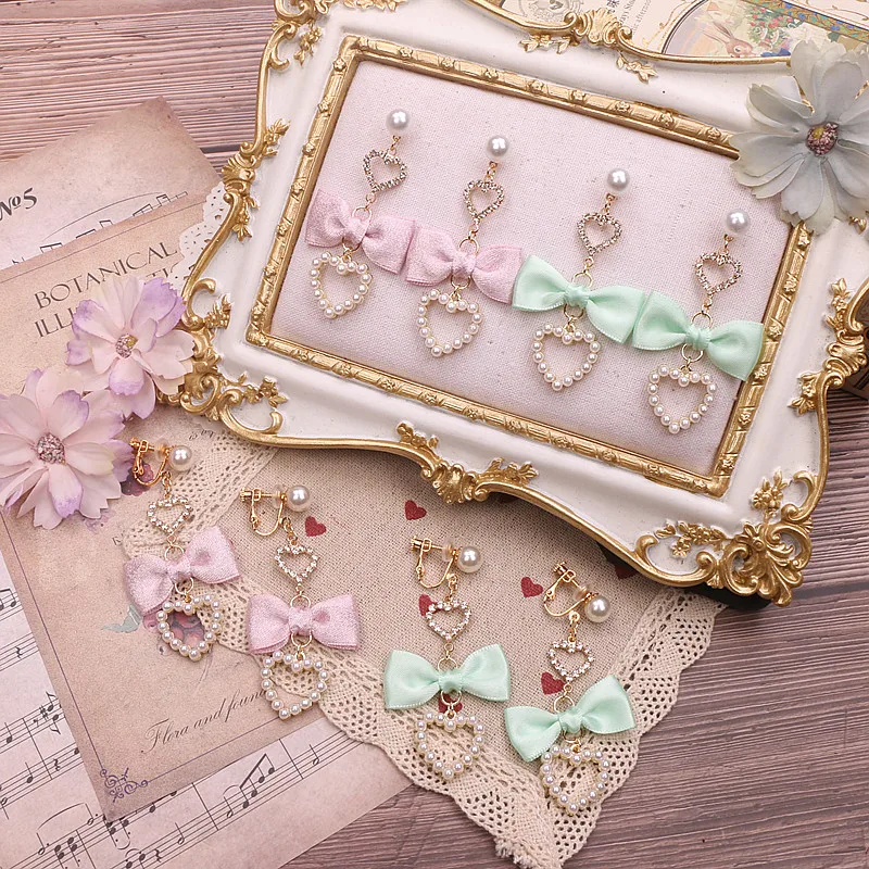 

Original Handmade Japanese Sweet and Cute Rhinestone Love Pearl Simple Earrings 925 Silver Needle Earrings Earrings