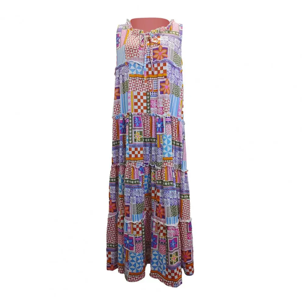 

Spring Round Neck Dress Bohemian Maxi Dress with Flower Print A-line Shirring for Women Summer Soft Round Neck Patchwork Printed